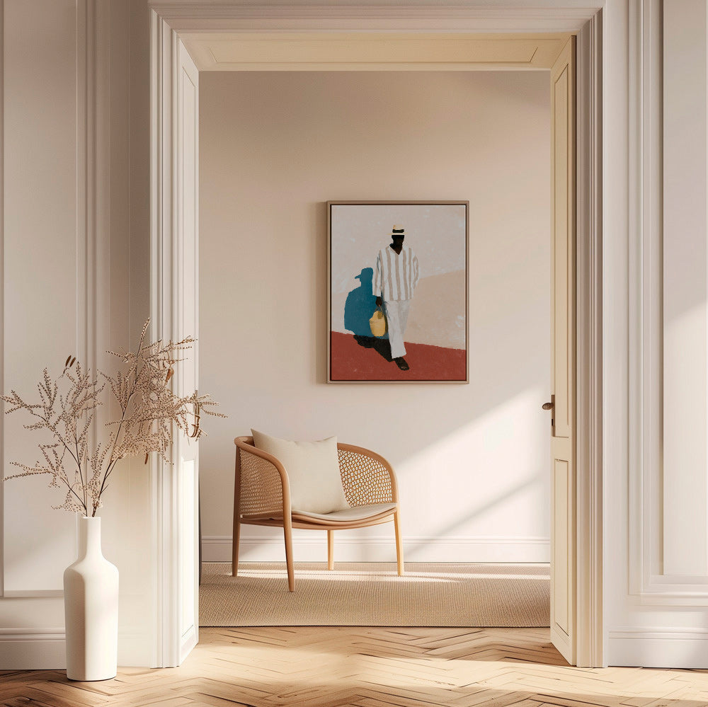Minimalistiskt konstverk med man i hatt och väska – Canvas2