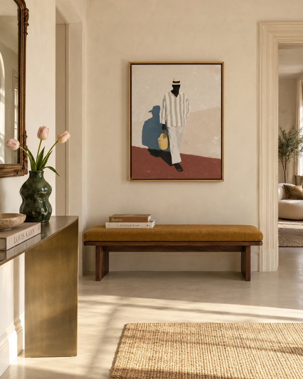 White Suit Walk I - Framed canvas in an interior