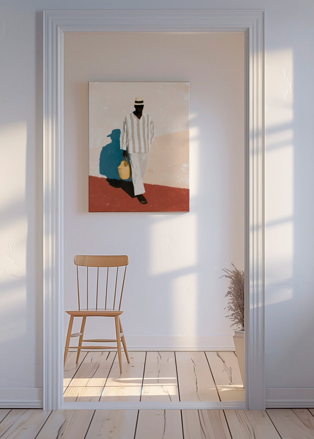 Minimalistiskt konstverk med man i hatt och väska – Canvas