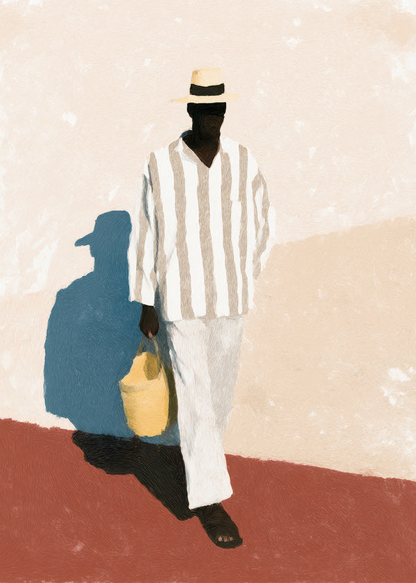 Minimalistiskt konstverk med man i hatt och väska