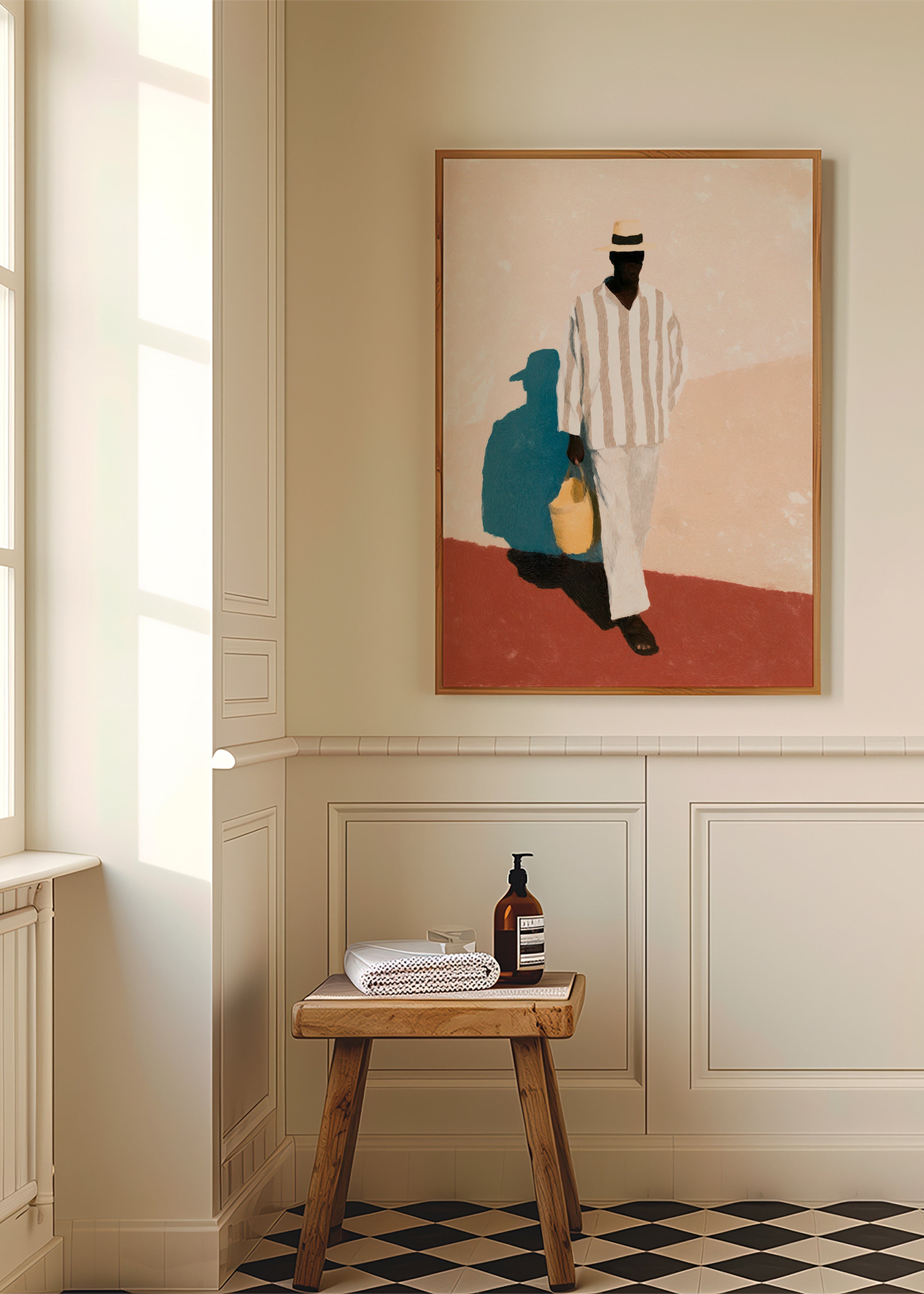 Minimalistiskt konstverk med man i hatt och väska – Product1