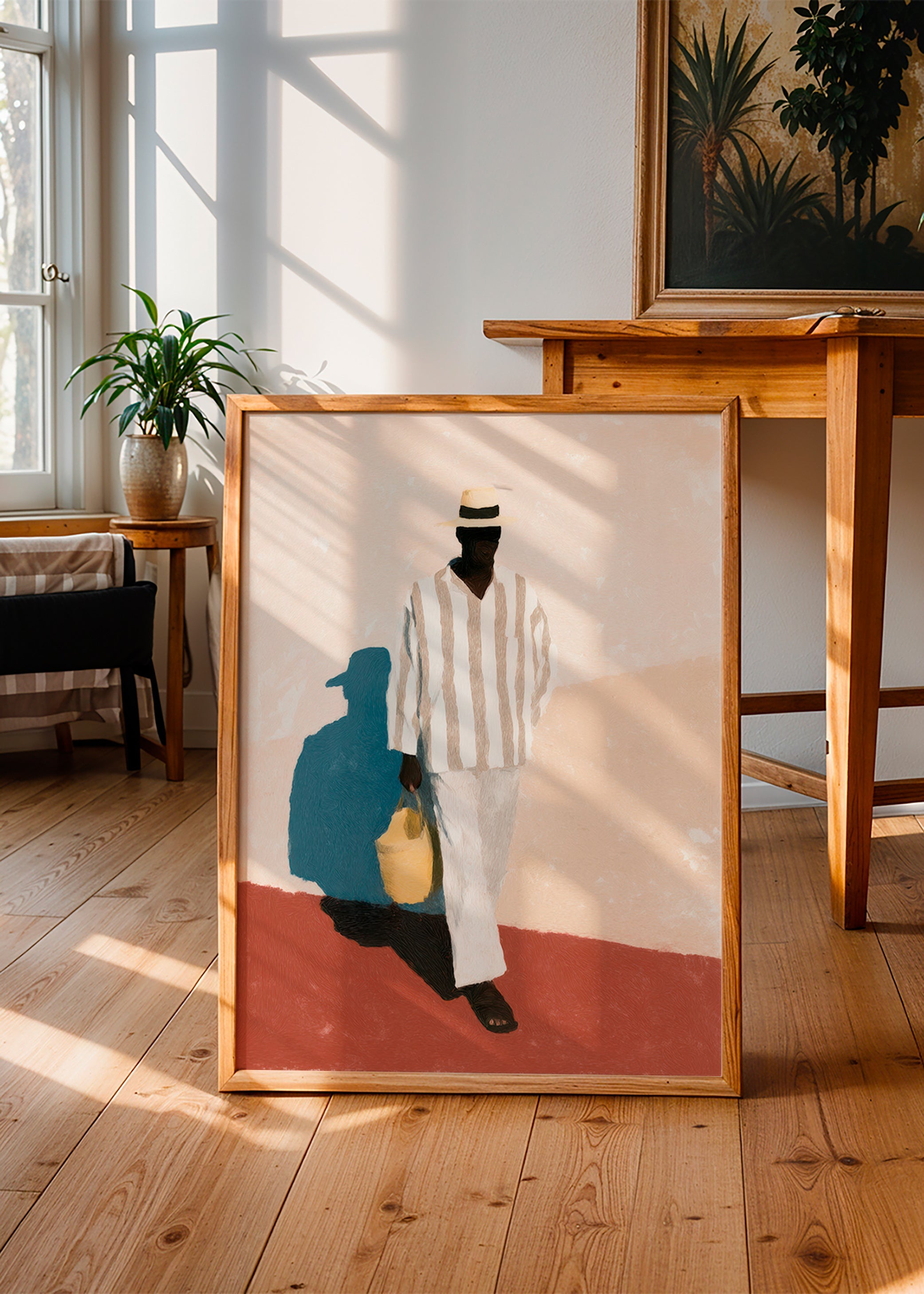 Minimalistiskt konstverk med man i hatt och väska – Product3