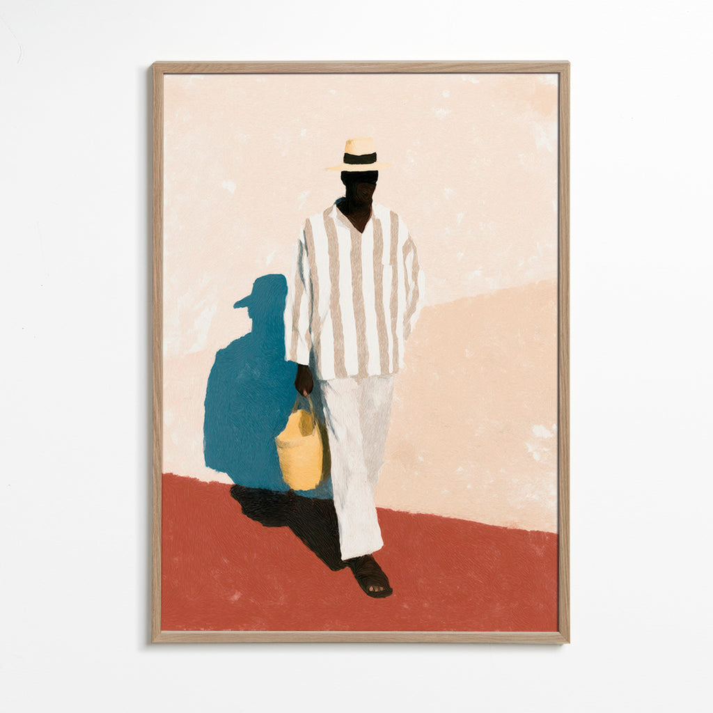 Minimalistiskt konstverk med man i hatt och väska – Oak Frame
