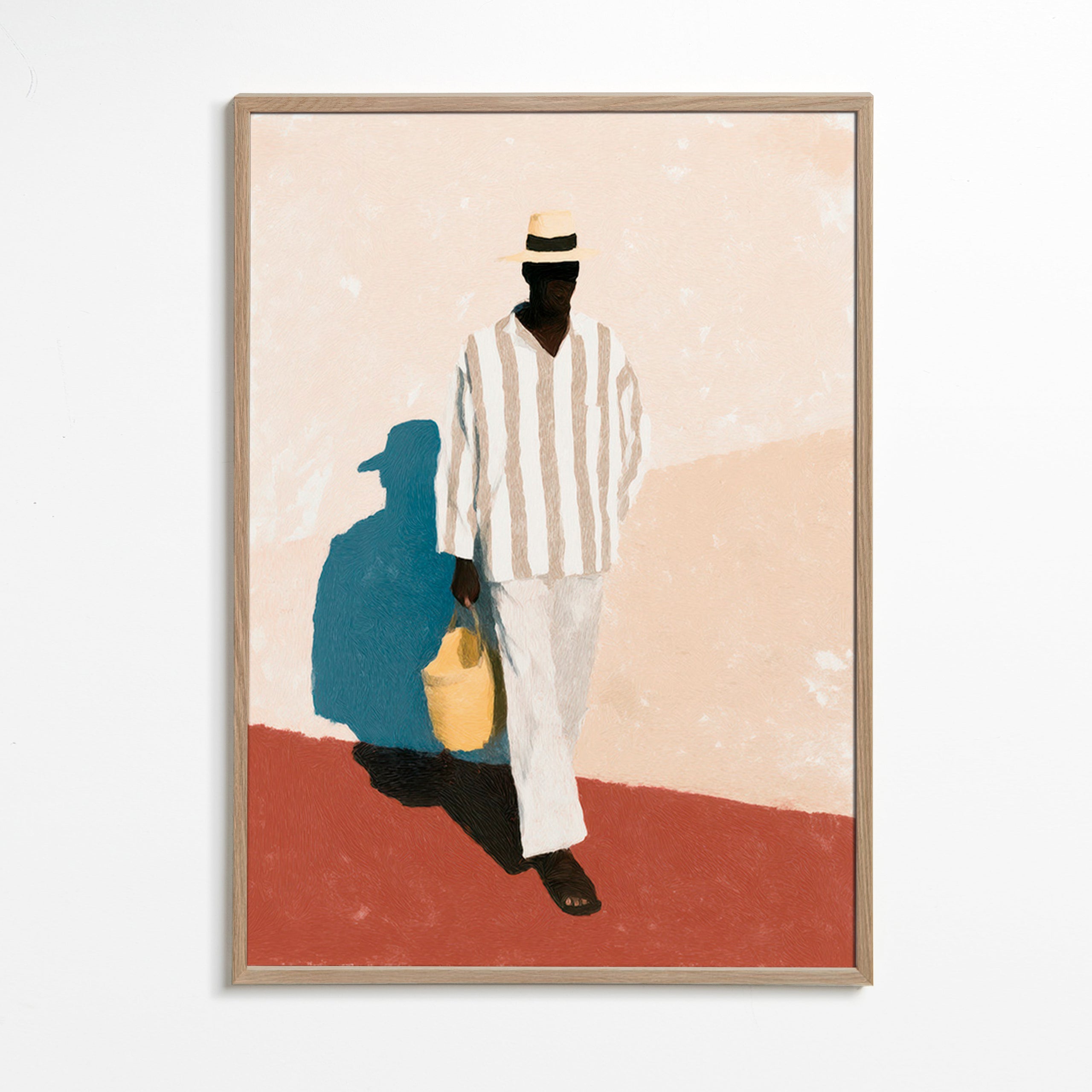 Minimalistiskt konstverk med man i hatt och väska – Oak Frame
