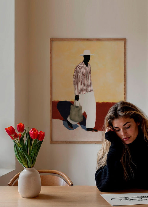 Illustration av gående figur med hatt – Product1