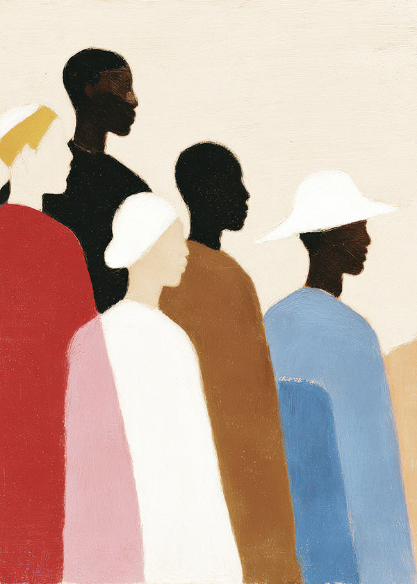 Abstrakt konstverk med figurer på rad