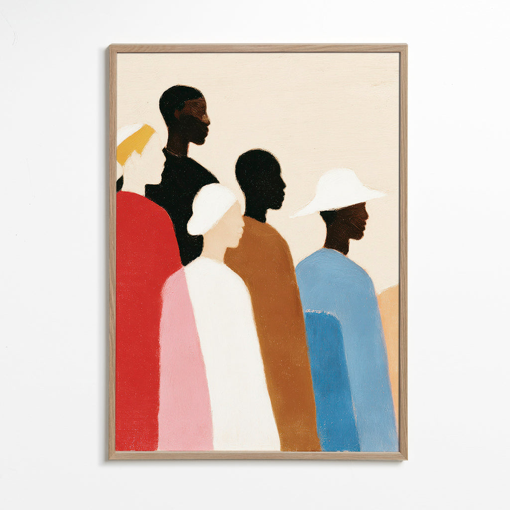 Abstrakt konstverk med figurer på rad – Oak Frame