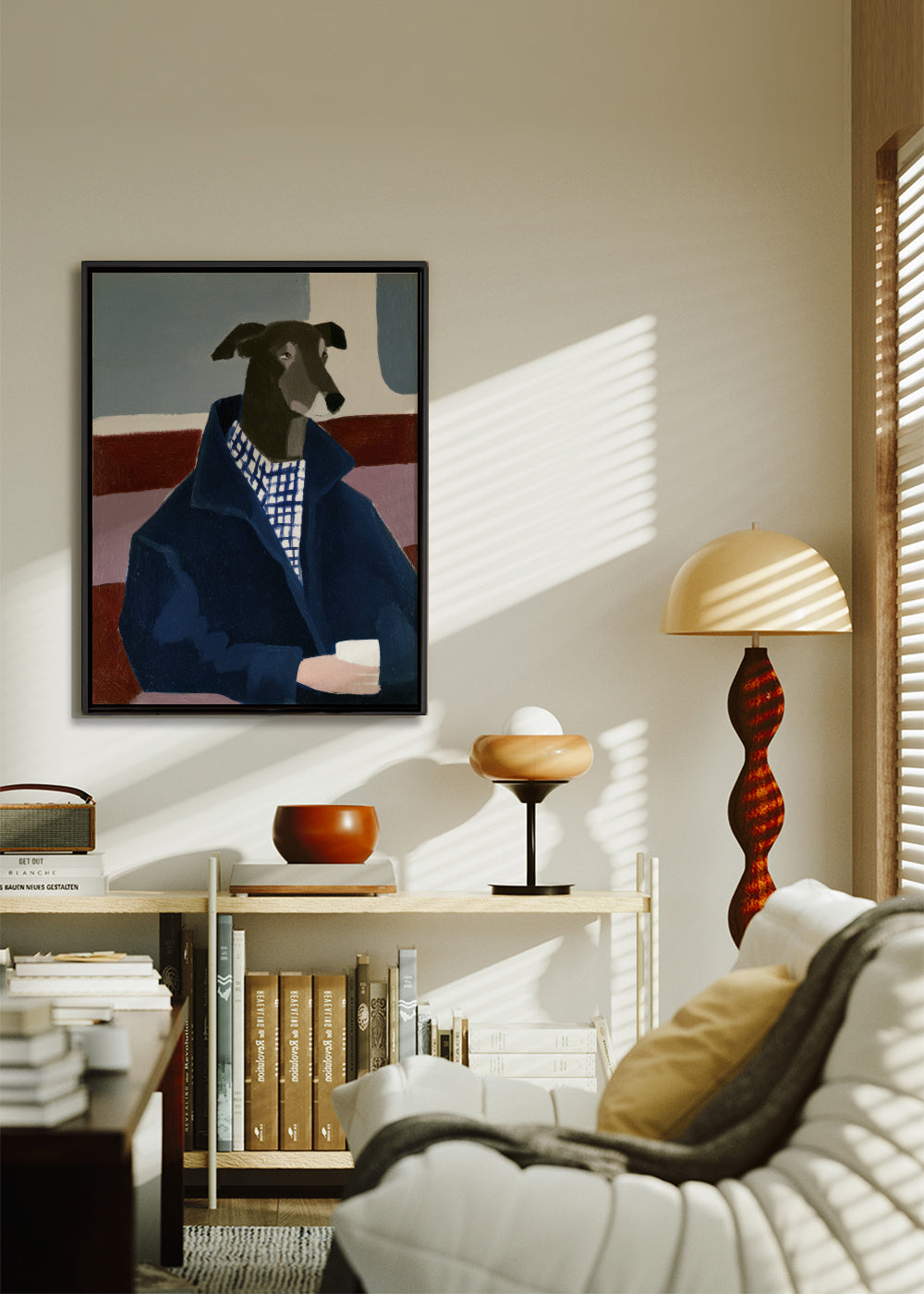 Greyhound in Blue - Framed canvas in an interior