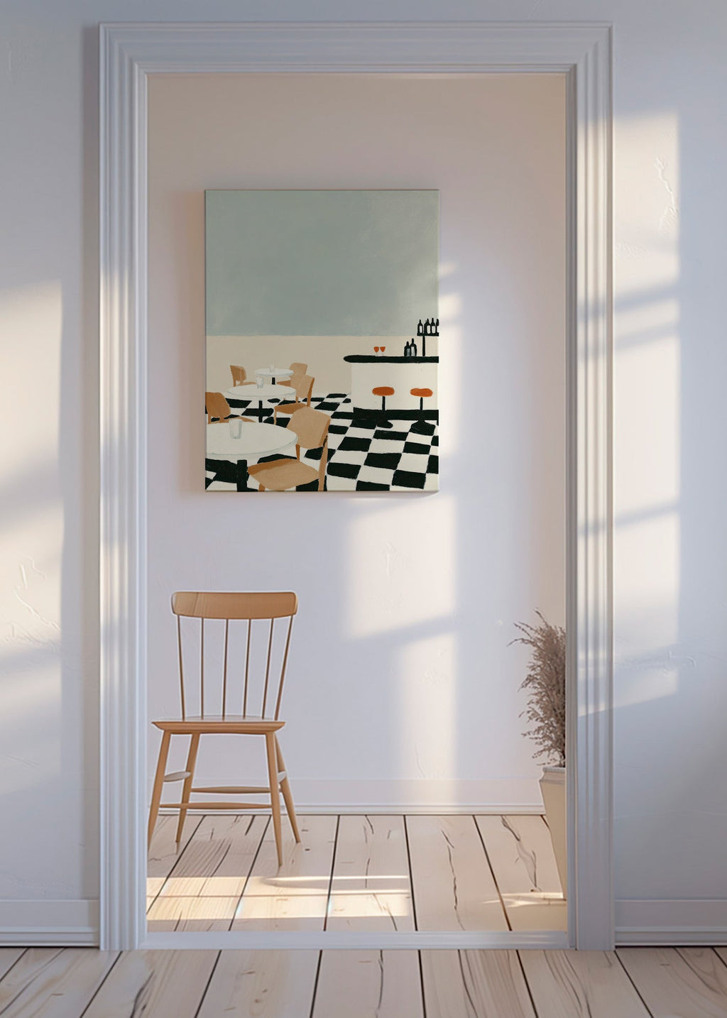 Kökskonst schackrutigt golv med bardisk – Canvas