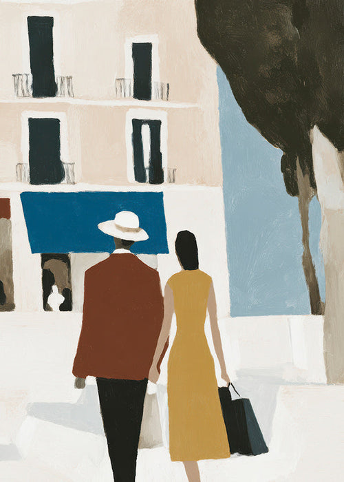 Illustration av par vid minimalistisk fasad