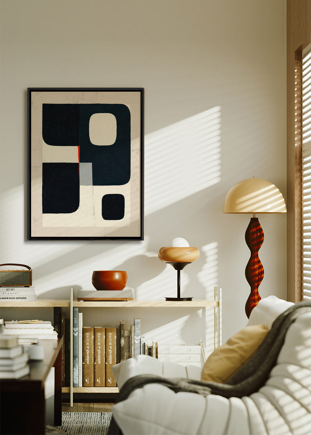 Geometrisk tavla med svarta block och rött accent – Canvas1