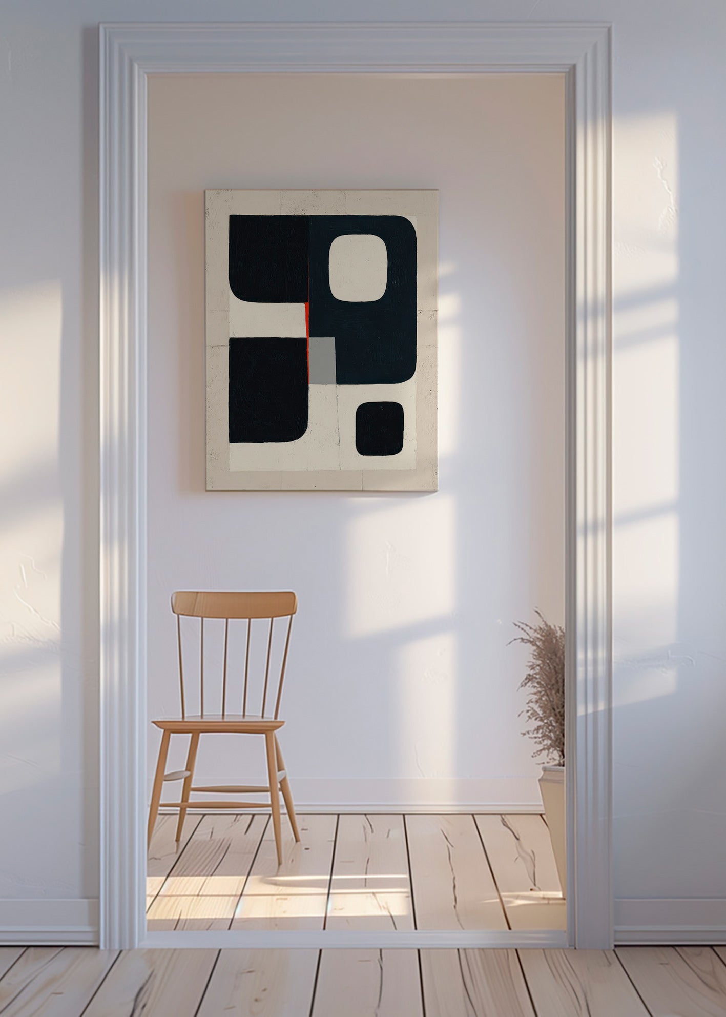Geometrisk tavla med svarta block och rött accent – Canvas