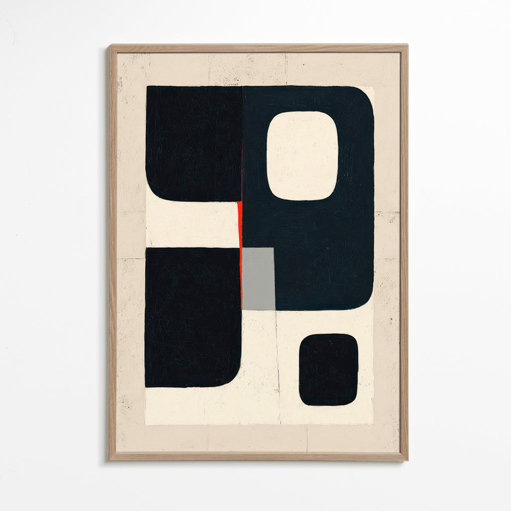Geometrisk tavla med svarta block och rött accent – Oak Frame