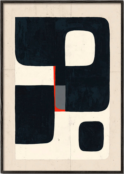 Geometrisk poster med svarta block och rött detalj – Black Frame