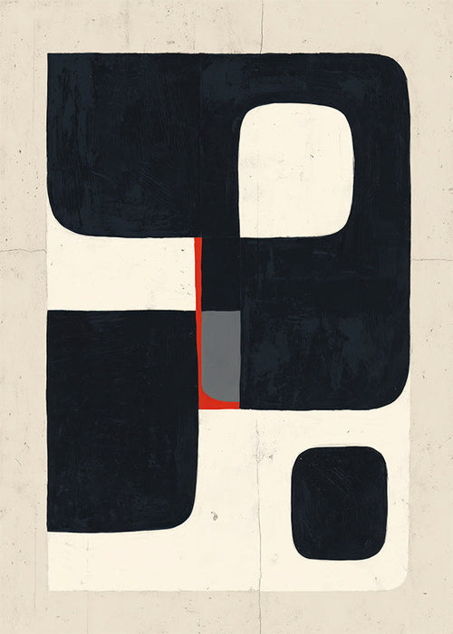 Geometrisk poster med svarta block och rött detalj