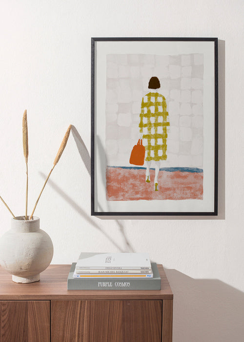 Illustration av kvinna bakifrån med rutig kappa – Product1