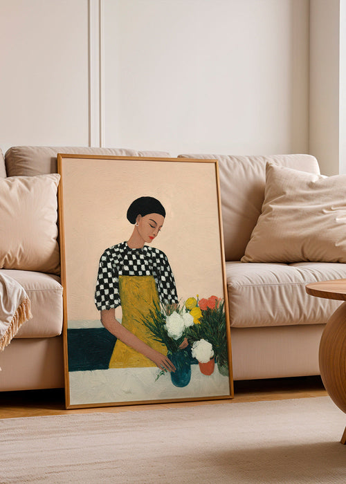 Botanisk poster: florist med gult förkläde och bukett – Product1