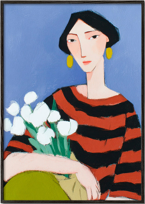 Illustration kvinna med vita tulpaner – Black Frame