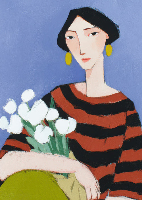 Illustration kvinna med vita tulpaner