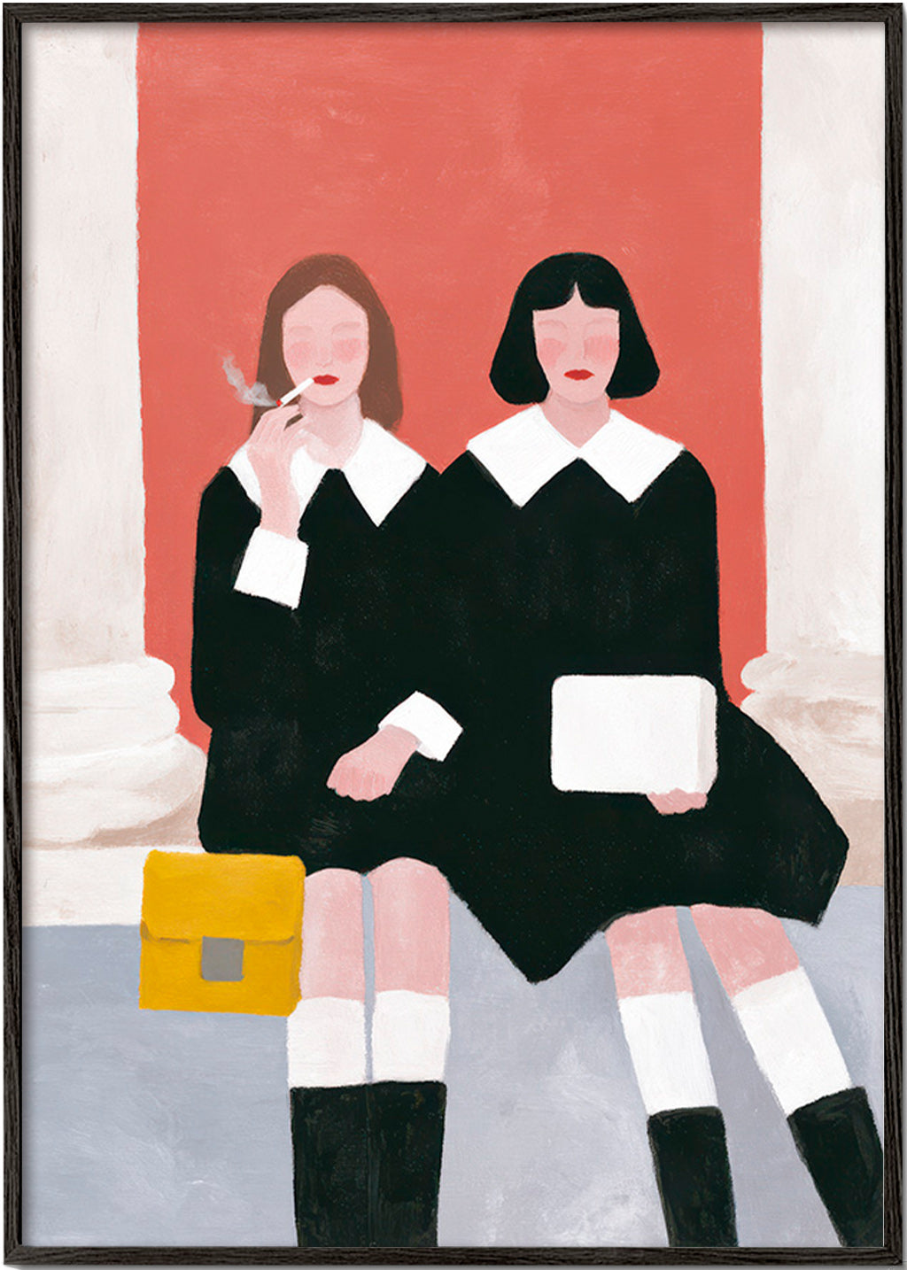 Illustration av två sittande figurer i retrostil – Black Frame