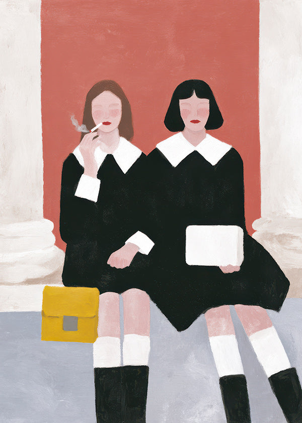 Illustration av två sittande figurer i retrostil