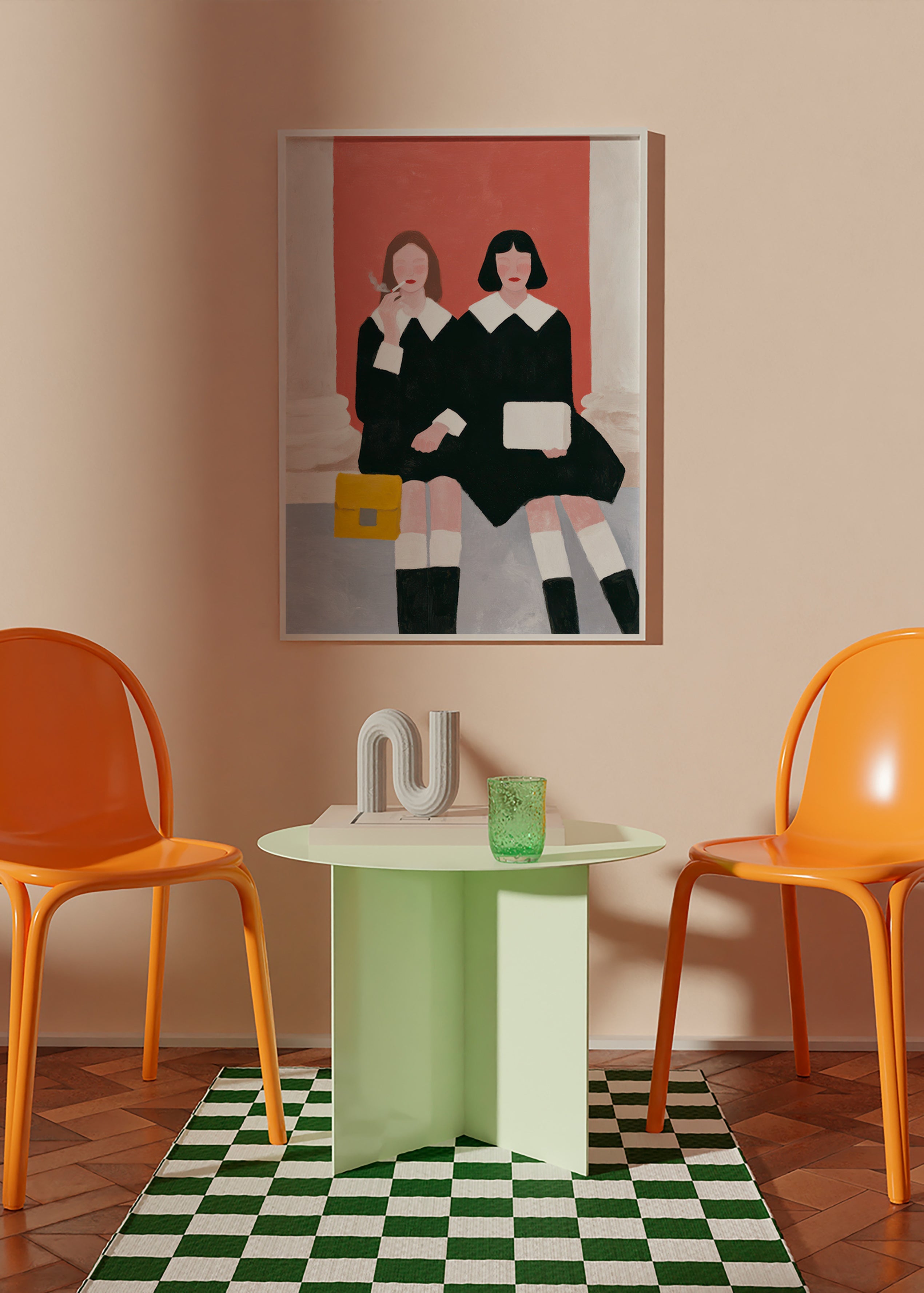 Illustration av två sittande figurer i retrostil – Product3