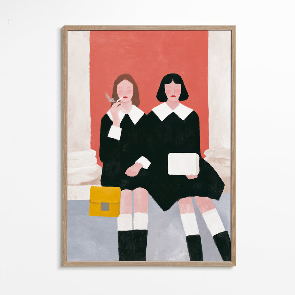 Illustration av två sittande figurer i retrostil – Oak Frame