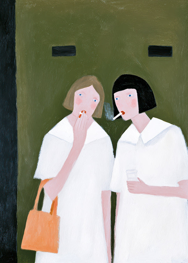 Illustration av två figurer som röker i mjuka toner