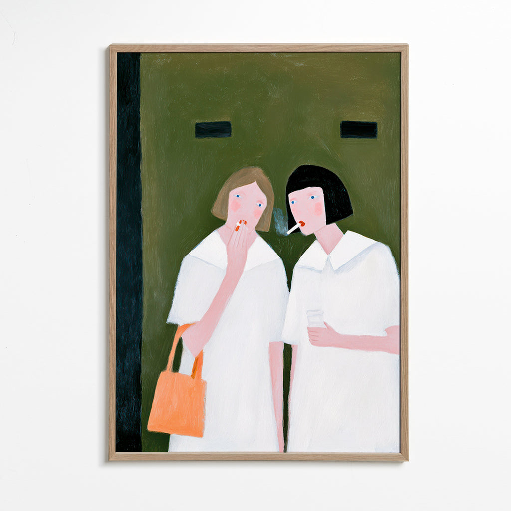 Illustration av två figurer som röker i mjuka toner – Oak Frame