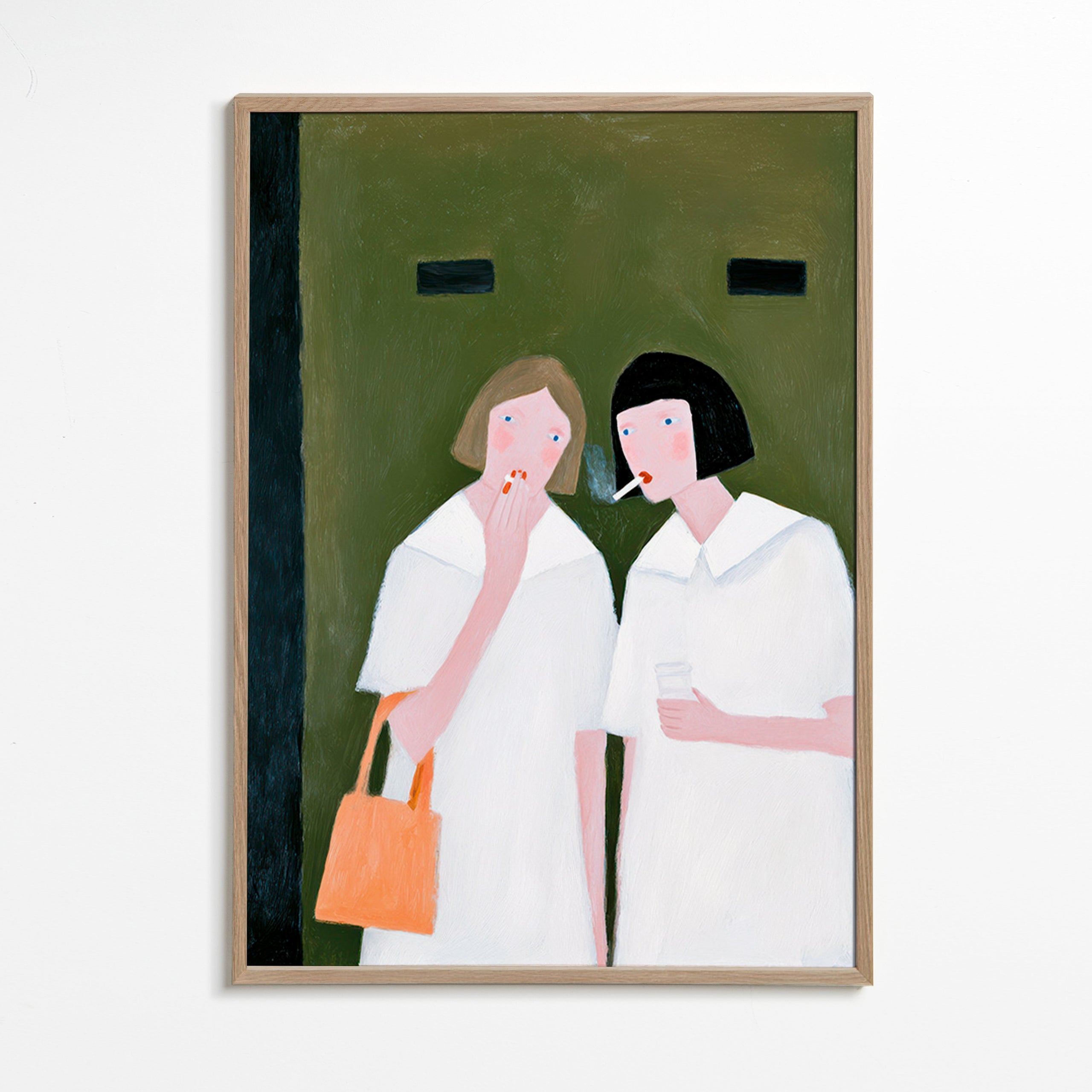 Illustration av två figurer som röker i mjuka toner – Oak Frame
