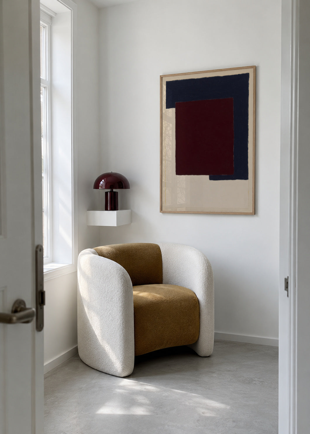Burgundy Corner IV - Framed poster in an interior