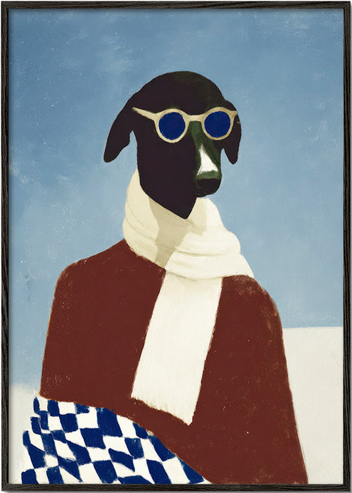 Affisch hund med vinterscarf – Black Frame