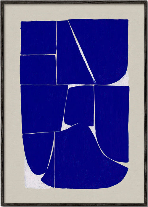 Geometrisk tavla i indigo med organiska block – Black Frame