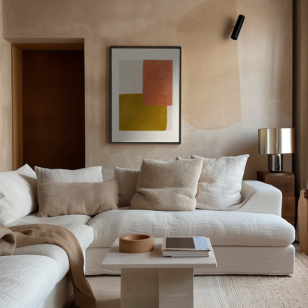 Cuadro abstracto con bloques terracota y mostaza – Canvas2