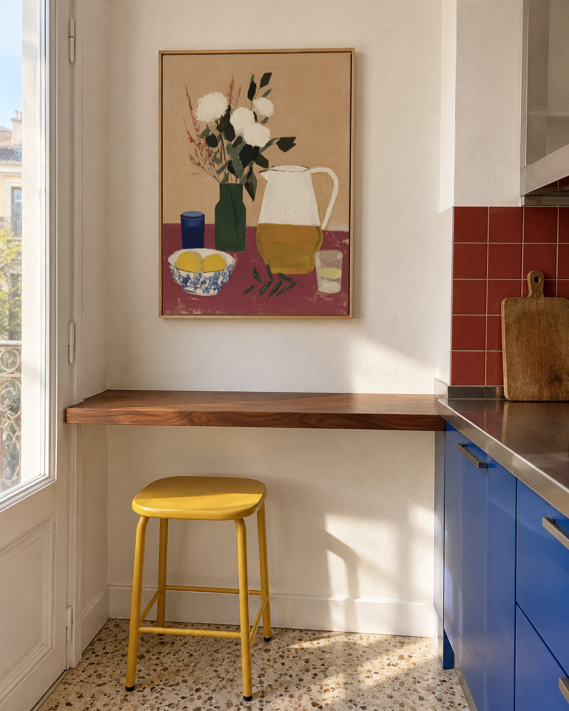 White Flowers & Pitcher I - Framed canvas in an interior