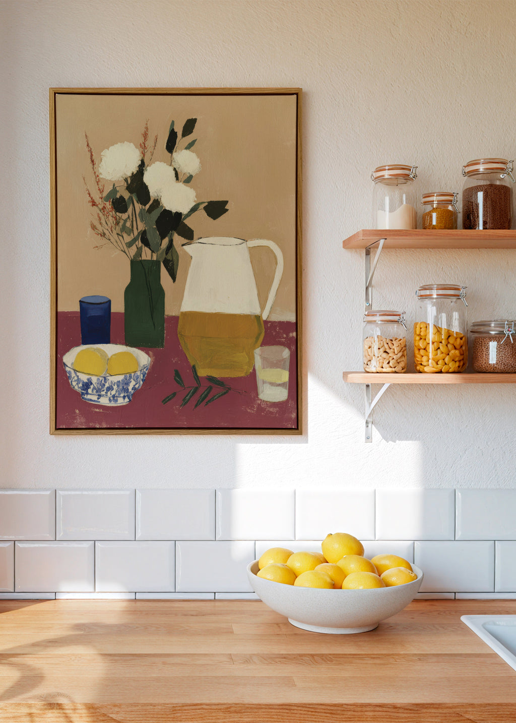 White Flowers & Pitcher I - Framed canvas in an interior