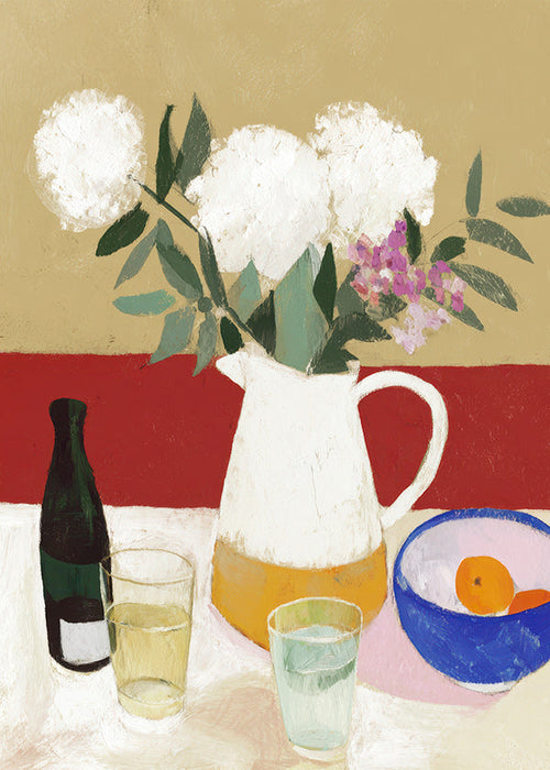 Botanisk poster med kanna och vita blommor