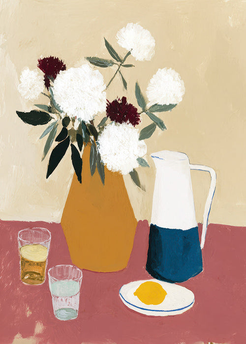 Botanisk poster med vas och vita blommor