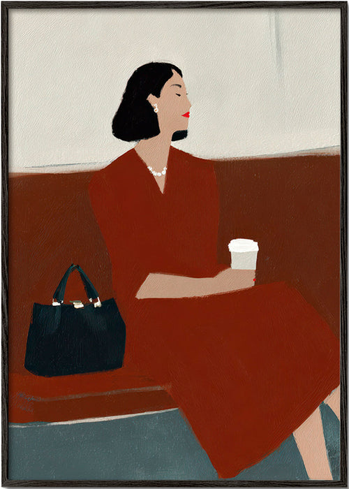 Kökskonst: kvinna med kaffe och väska – Black Frame