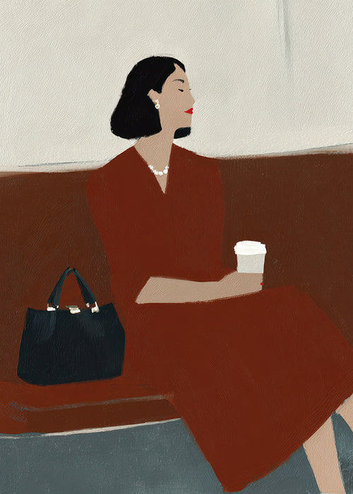 Kökskonst: kvinna med kaffe och väska