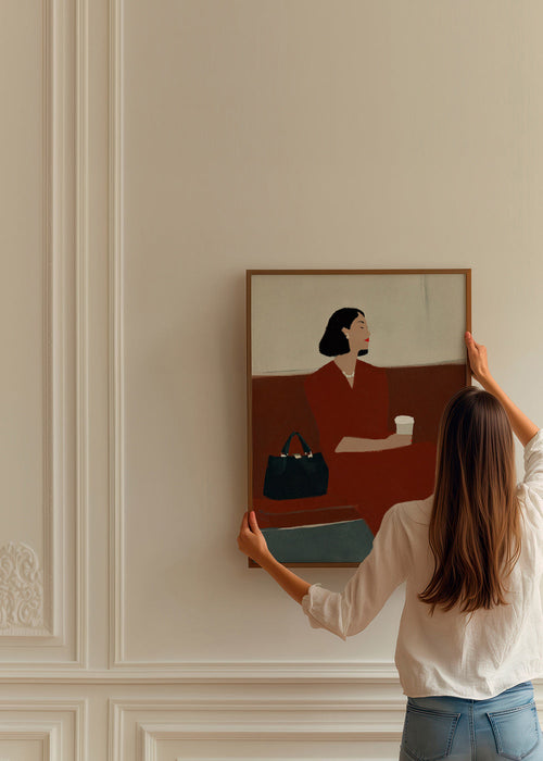Kökskonst: kvinna med kaffe och väska – Product1
