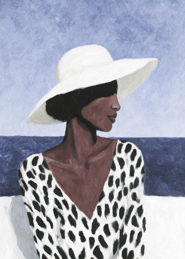 Illustration av kvinna med hatt vid havet