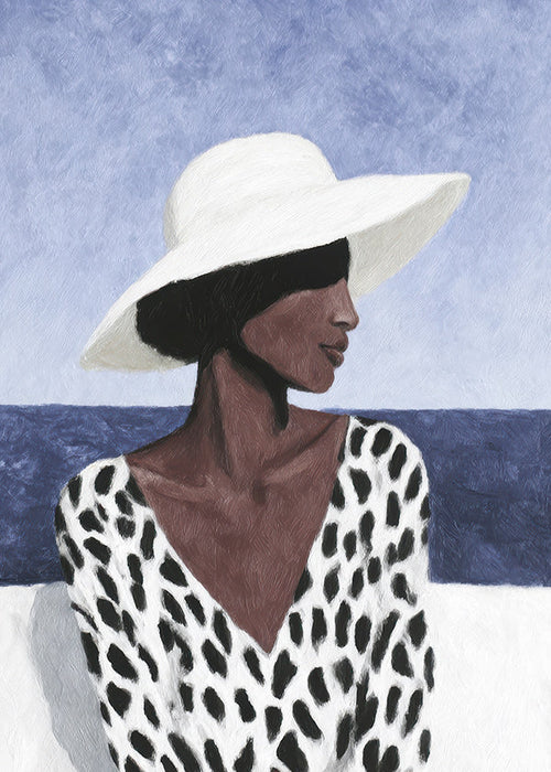 Illustration av kvinna med hatt vid havet
