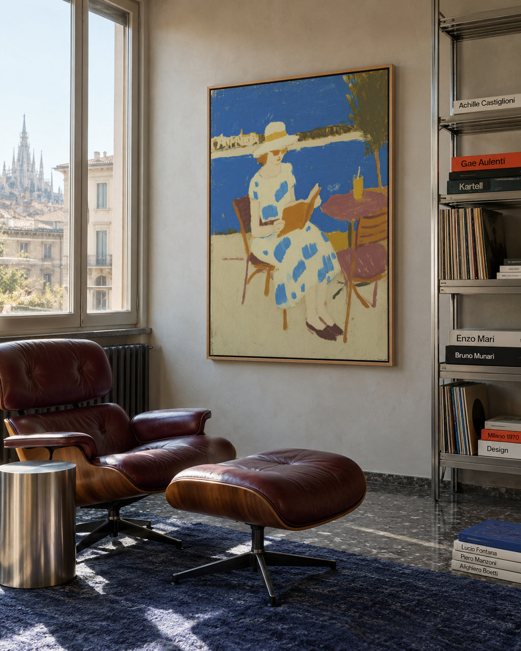 Blue Garden Reader - Framed canvas in an interior