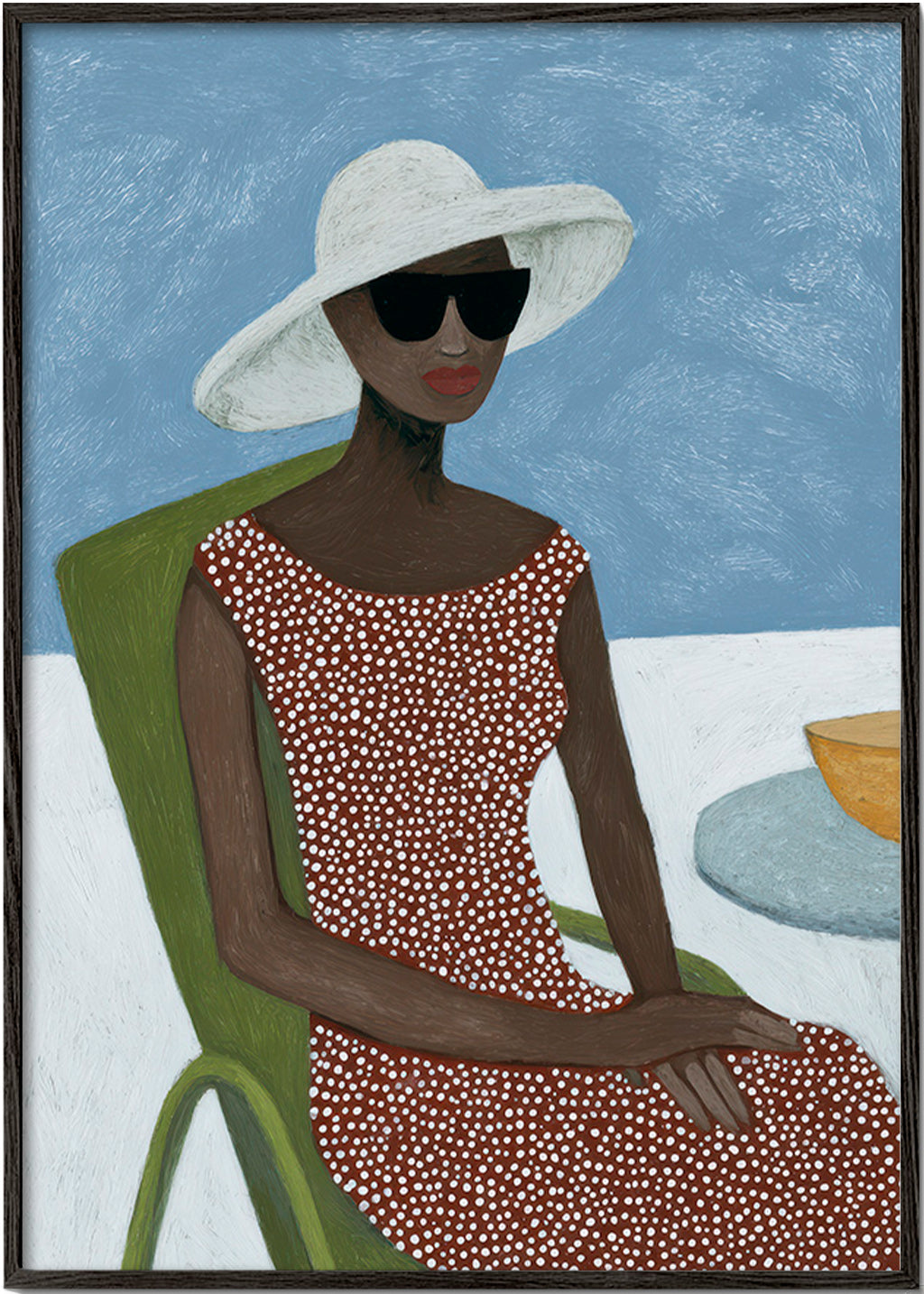 Illustration kvinna med solhatt och grön stol – Black Frame