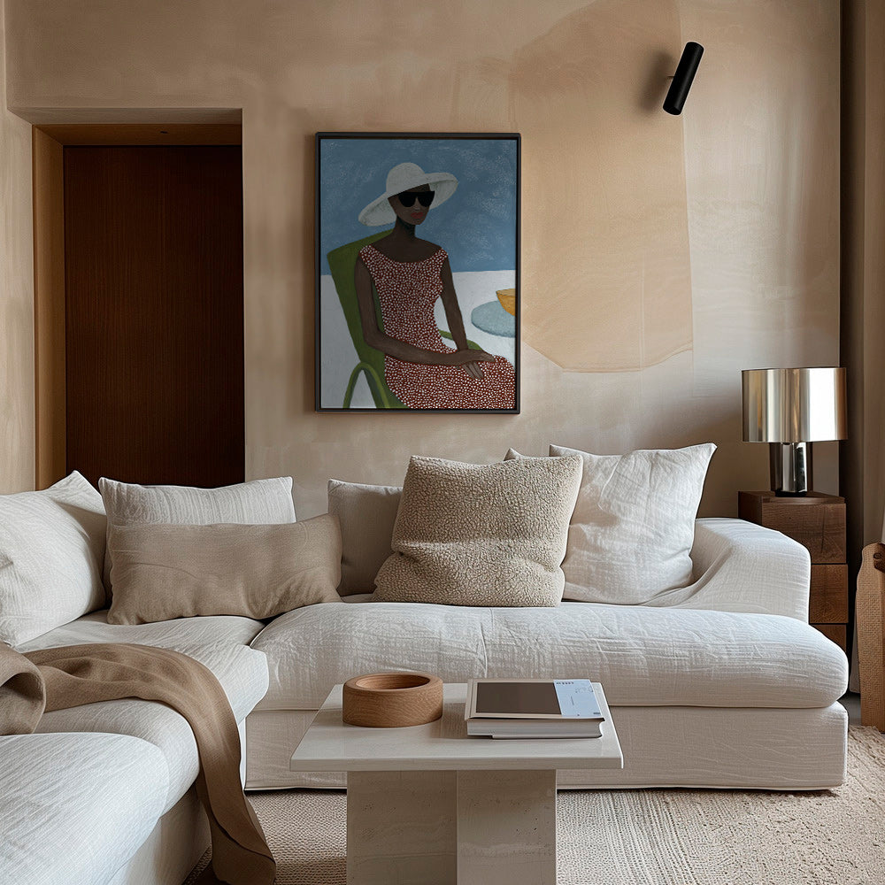 Illustration kvinna med solhatt och grön stol – Canvas1