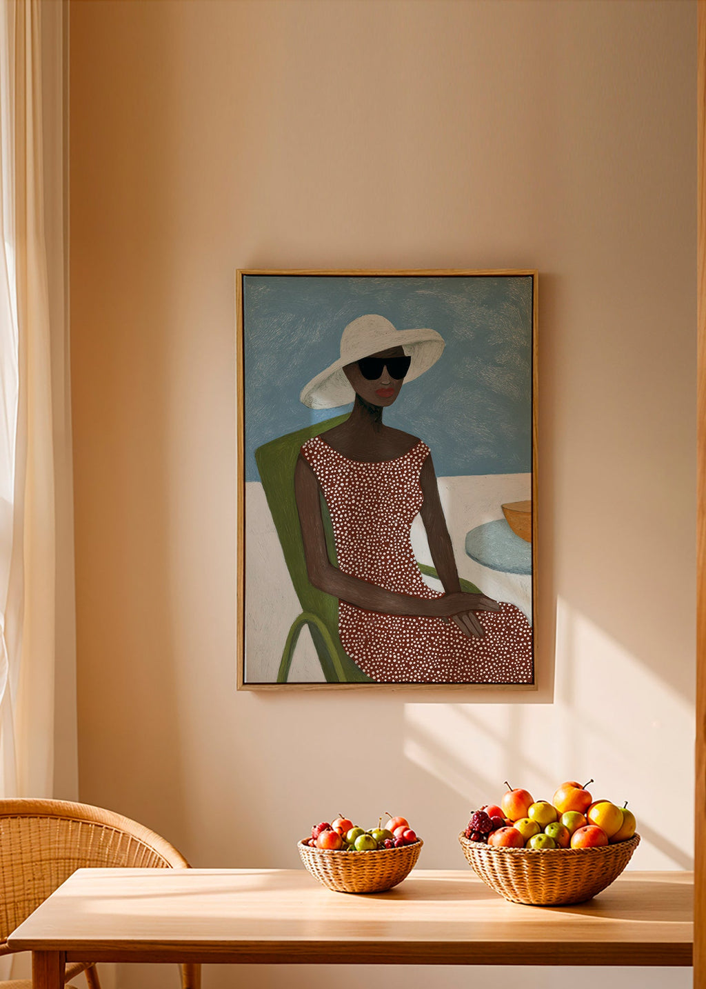 Illustration kvinna med solhatt och grön stol – Canvas2