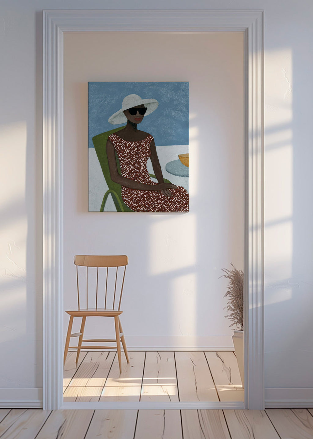 Illustration kvinna med solhatt och grön stol – Canvas