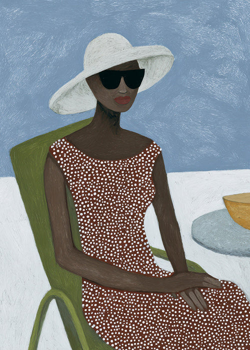 Illustration kvinna med solhatt och grön stol