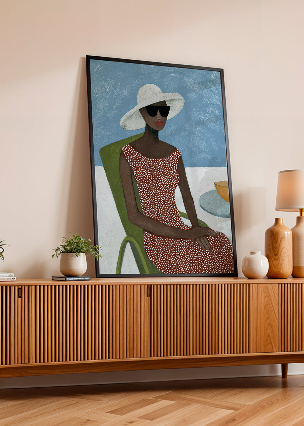 Illustration kvinna med solhatt och grön stol – Product2
